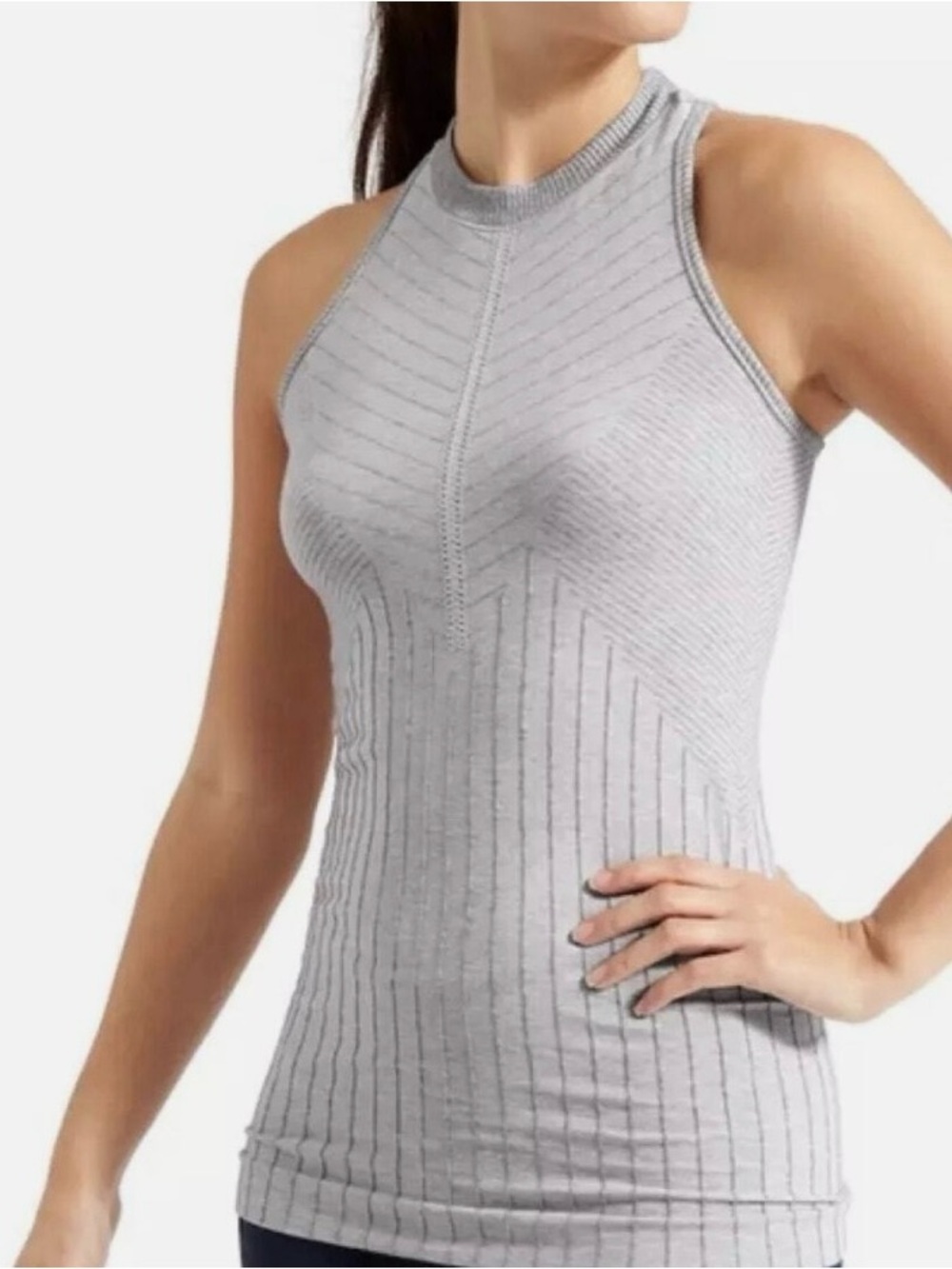 Athleta High Neck Racerback Tank Top - Light Gray Ribbed Knit Small
